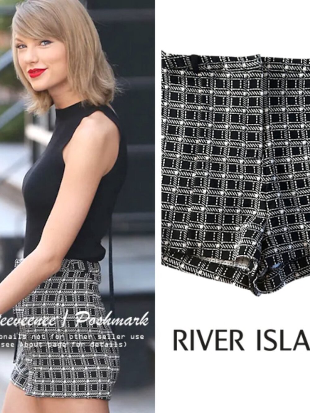 River Island Black Check Smart Shorts ASO Taylor Swift